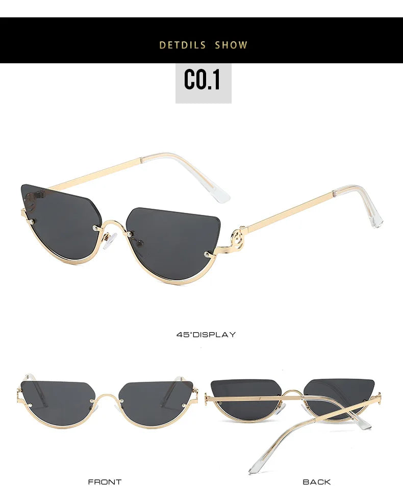 Un set de gafas de estilo retro con montura de gato dorado, mostradas de frente y de atrás.