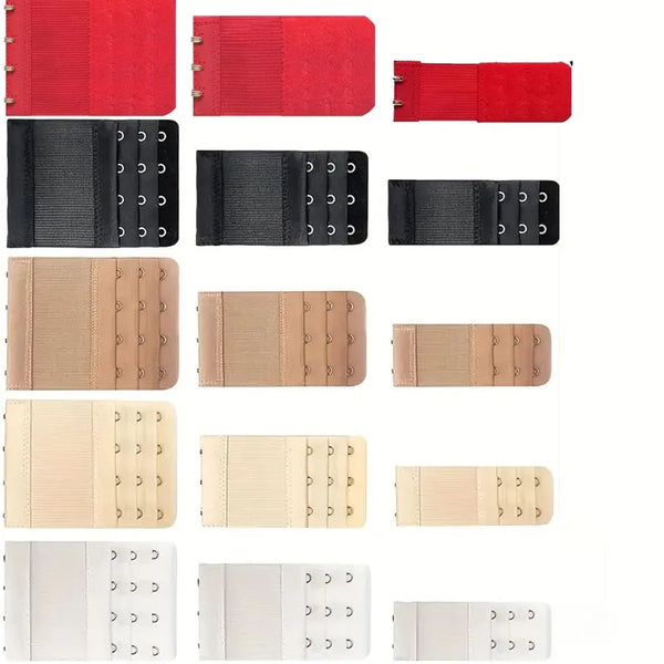 A collection of various colored and textured adjustable bra extender straps shown side by side.