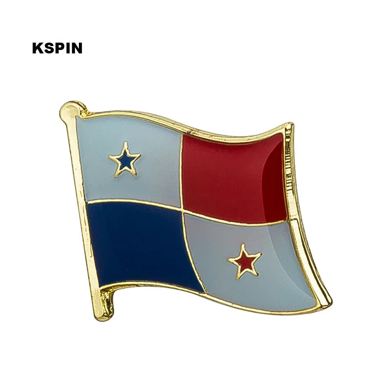 A lapel pin badge featuring a flag design with blue, white, and red sections and gold stars.