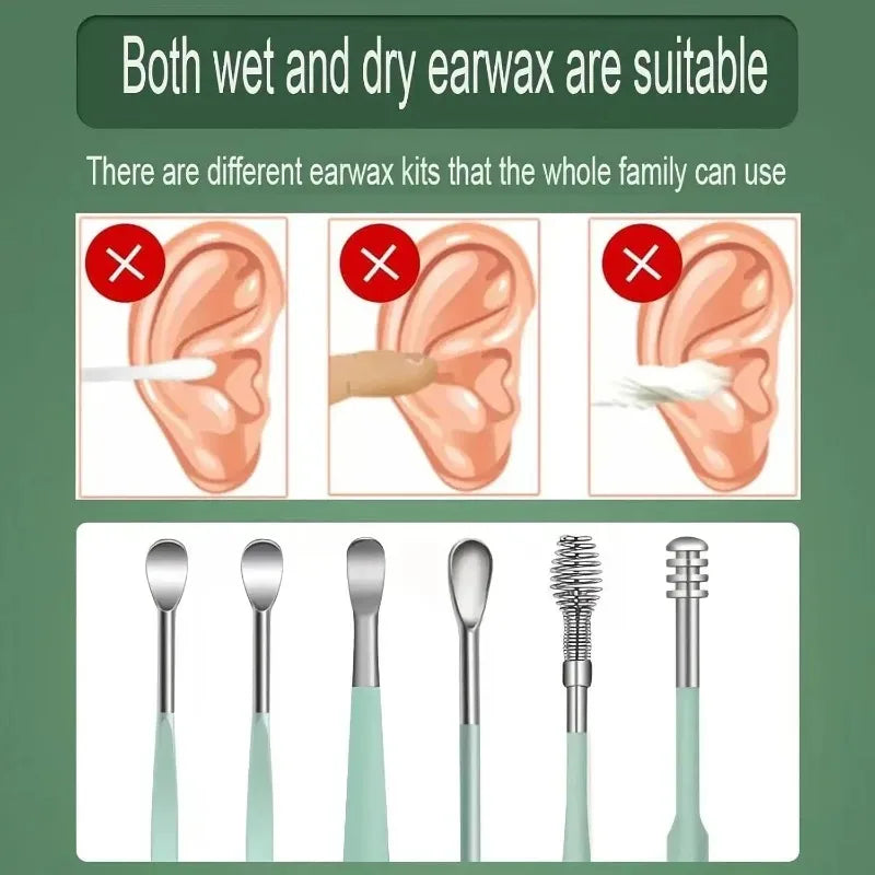 Un juego de herramientas de acero inoxidable para la extracción de cerumen, incluyendo diversas sondas y aplicadores.