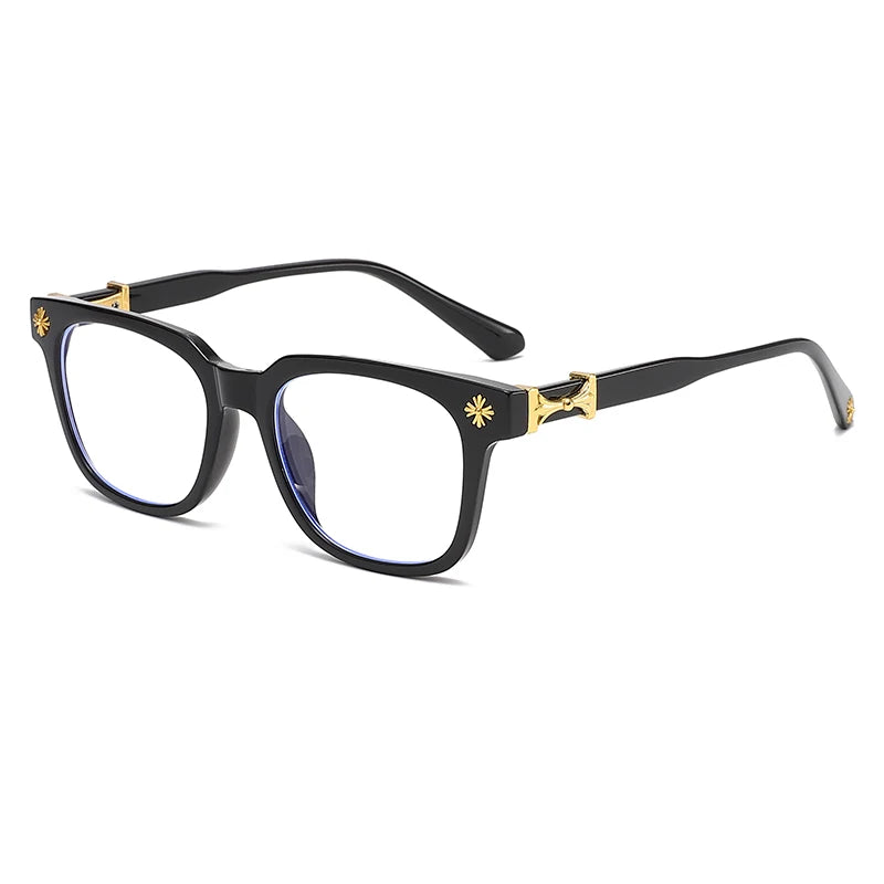 Black square eyeglasses with gold accents and clear lenses