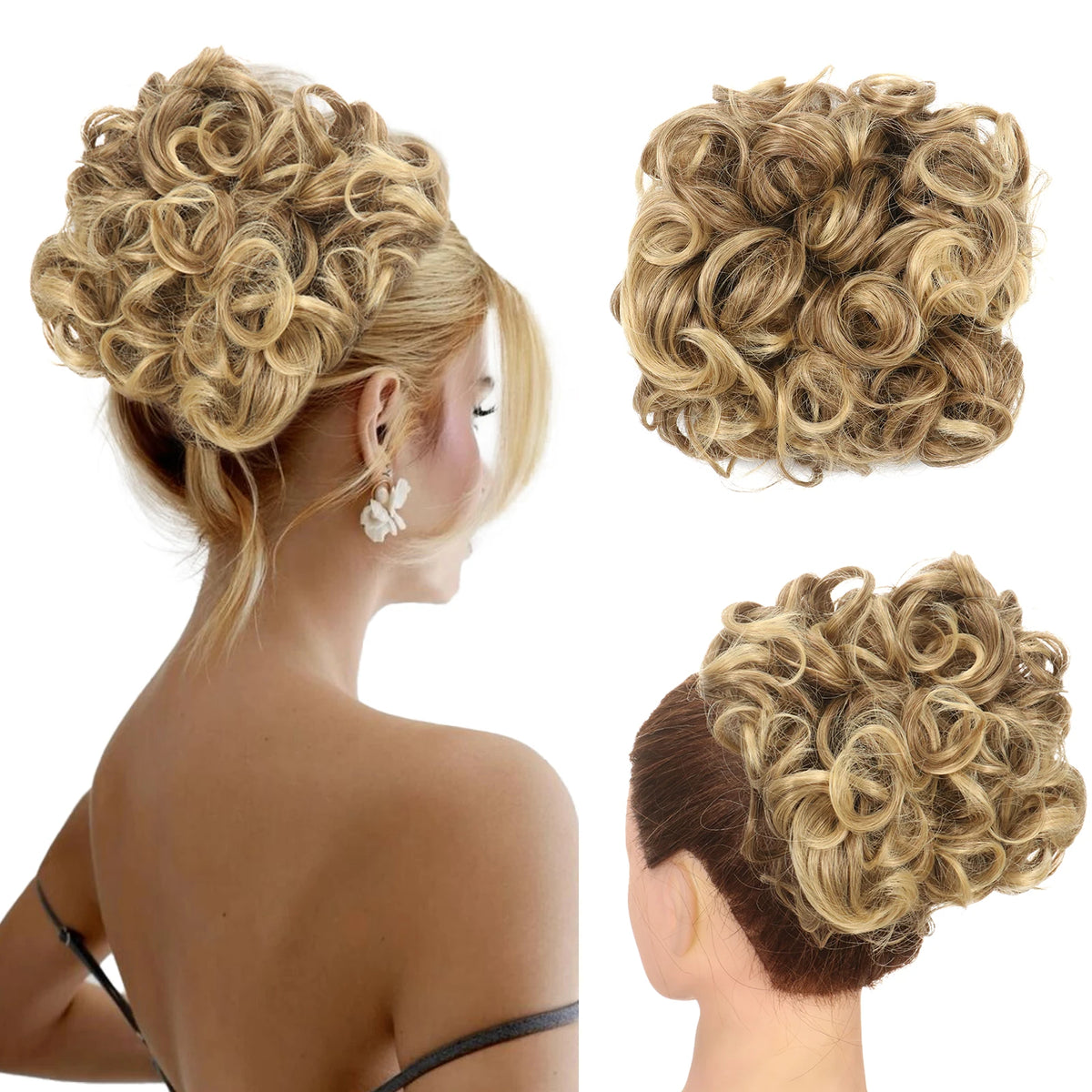 A woman shows off a synthetic curly chignon hairstyle, featuring blonde curls styled in an updo.