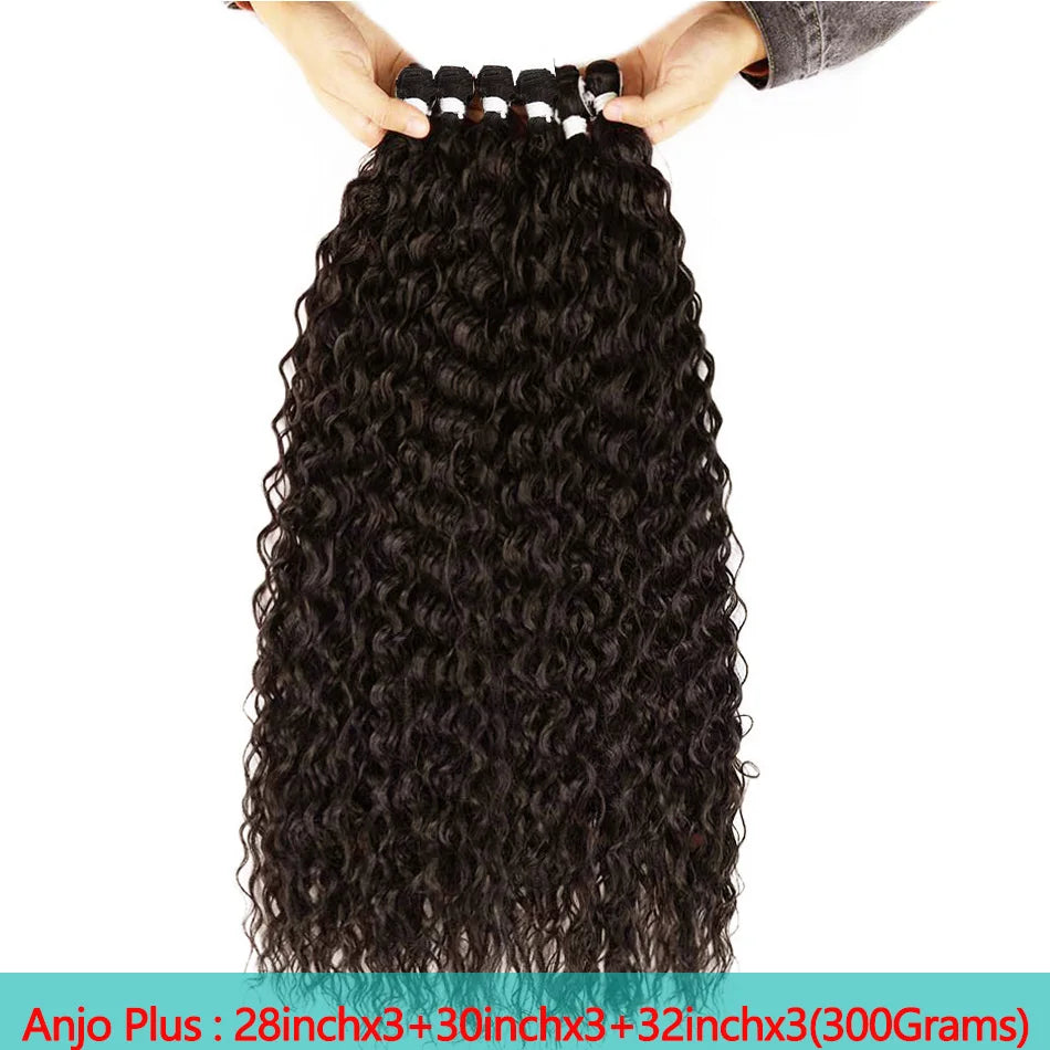 A bundle of long black curly hair extensions being held up by hands