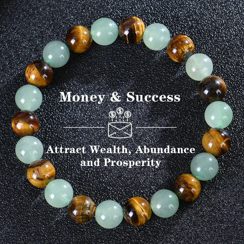 Tiger eye crystal bracelet featuring polished green and brown beads for attracting wealth, abundance, and prosperity