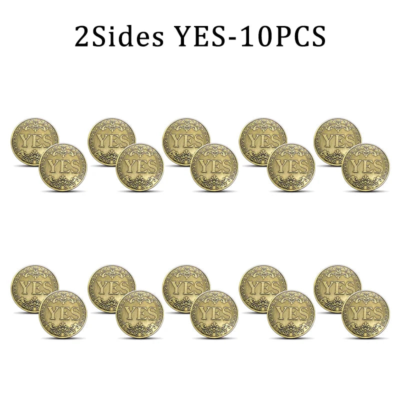 Ten vintage antique bronze YES decision coins arranged in a row.