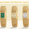 Cinq couleurs différentes de montres en quartz plaquées or pour femmes, présentées en rangée.