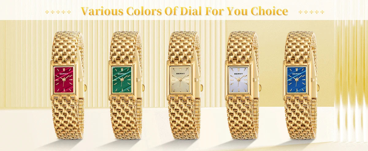 Cinq couleurs différentes de montres en quartz plaquées or pour femmes, présentées en rangée.