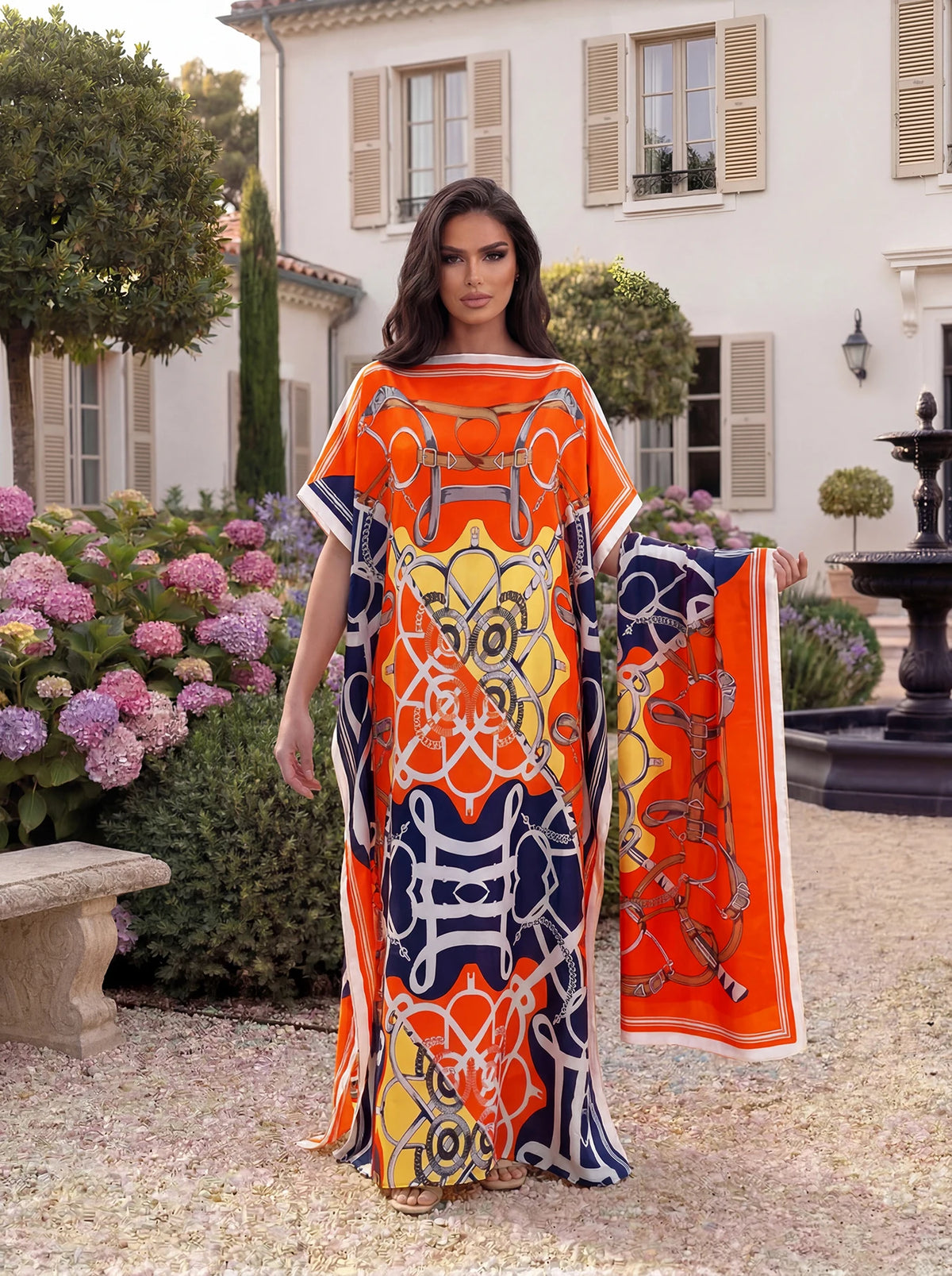 Boho Geometric Satin Abaya Scarf Set