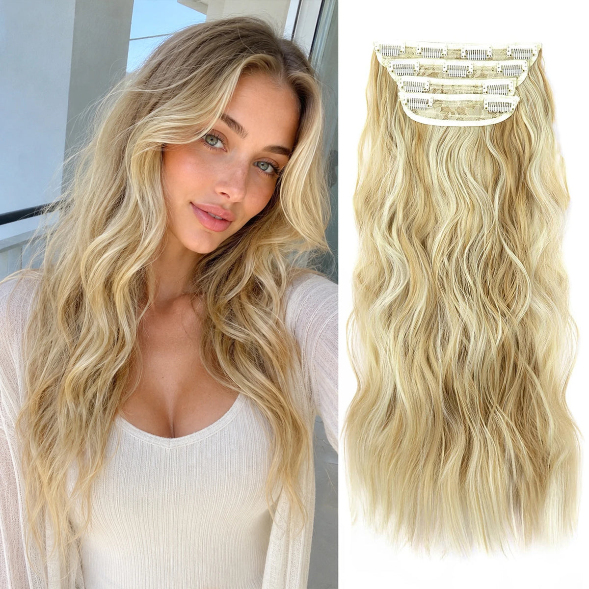A close-up of long blonde hair with a decorative clip accessory attached to the strands.
