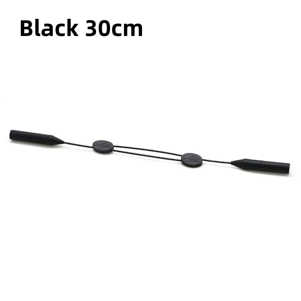 Black adjustable eyewear retainer strap with multiple black silicone dots.
