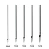 A set of disposable sterile piercing needles in various gauges: 20G, 18G, 16G, 14G, and 12G.