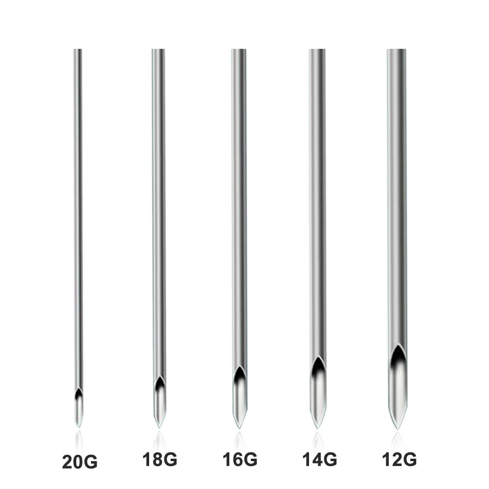 A set of disposable sterile piercing needles in various gauges: 20G, 18G, 16G, 14G, and 12G.