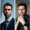 A split image showing a man wearing modern eyeglasses in professional attire.