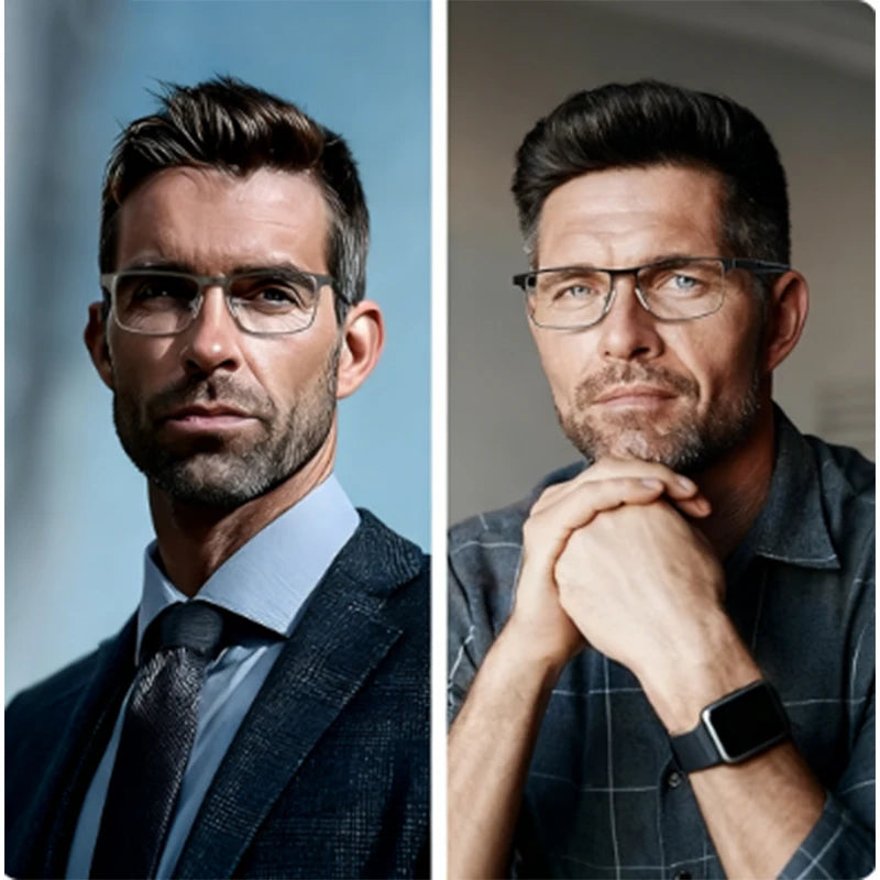 A split image showing a man wearing modern eyeglasses in professional attire.