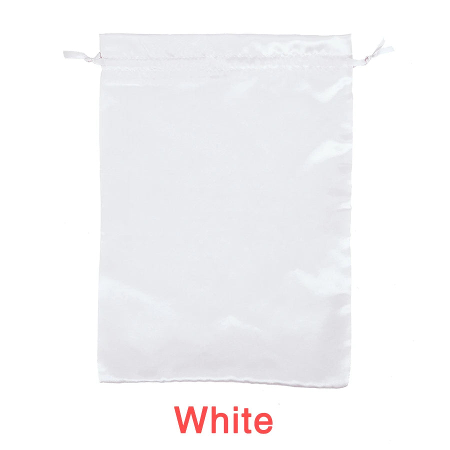 White satin wig storage bag with a drawstring closure