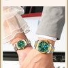 A close-up of a couple's hands clasped together, showing two matching watches with turquoise dials and gold accents.