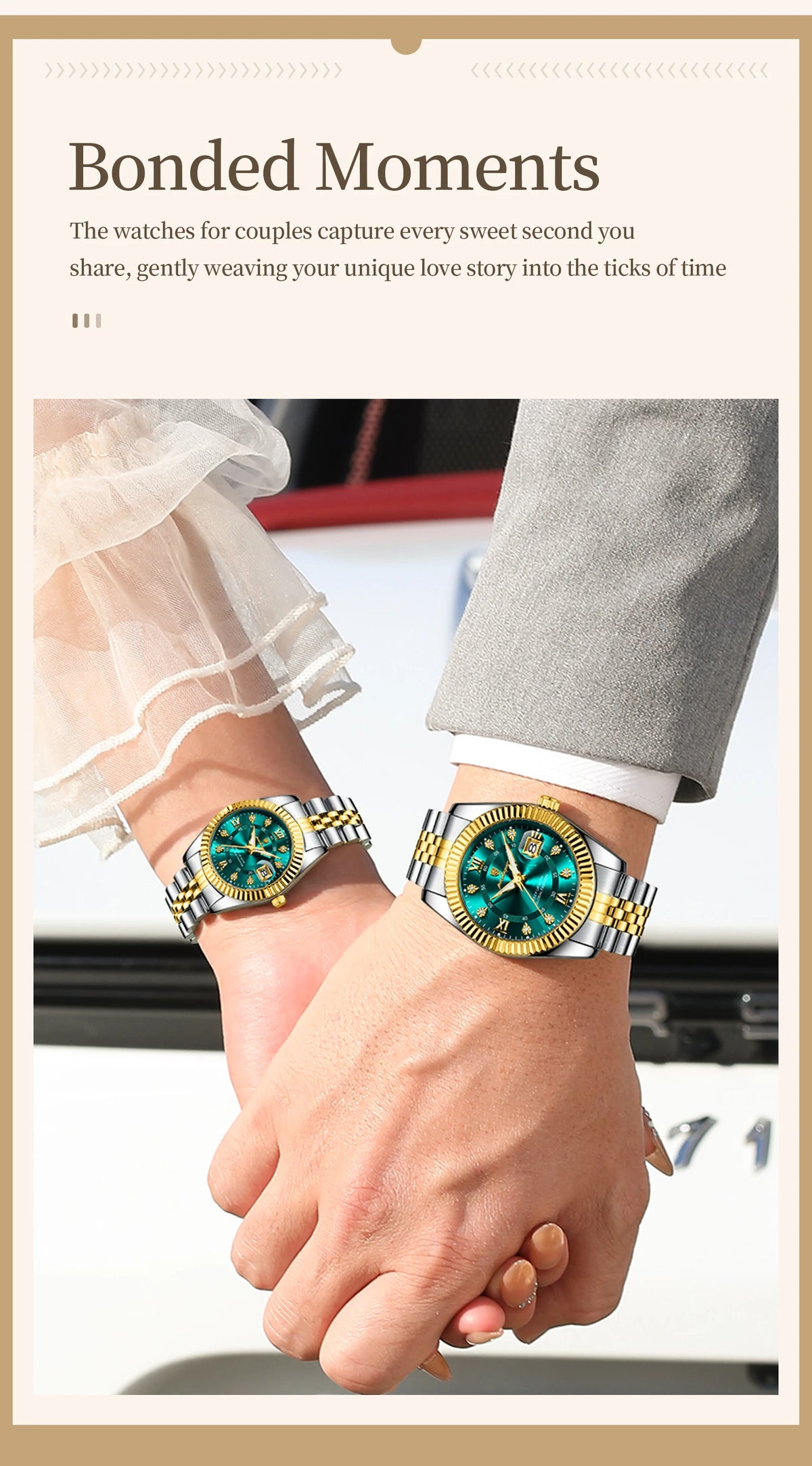 A close-up of a couple's hands clasped together, showing two matching watches with turquoise dials and gold accents.