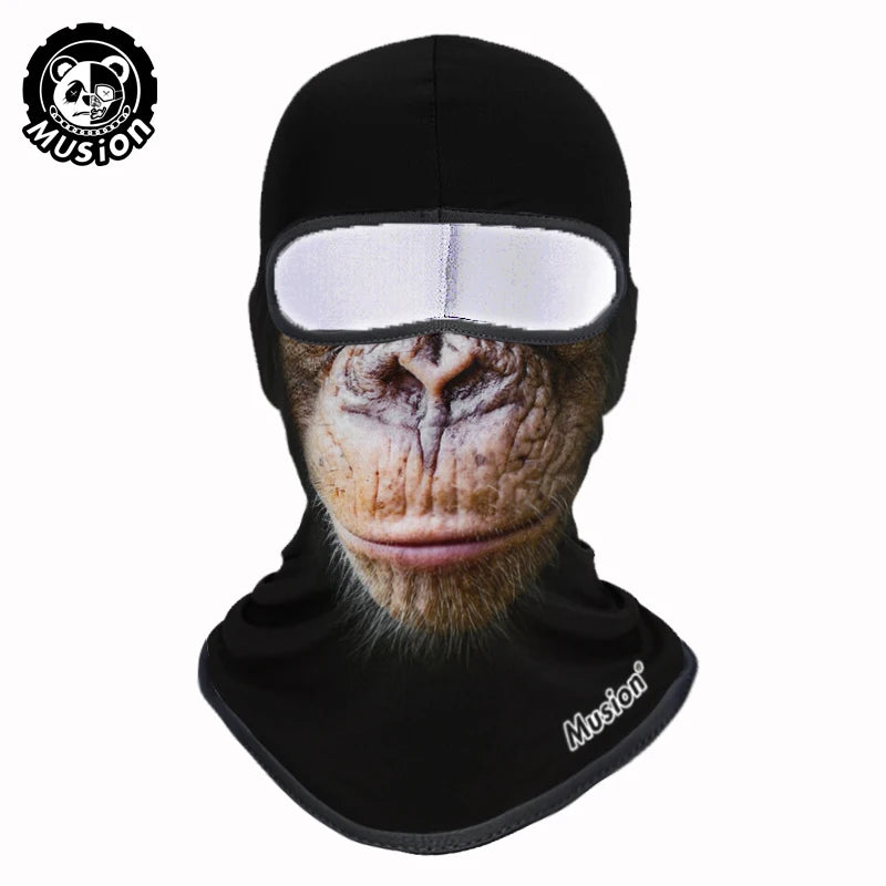 Black full face balaclava helmet liner with a clear visor and a monkey face design.