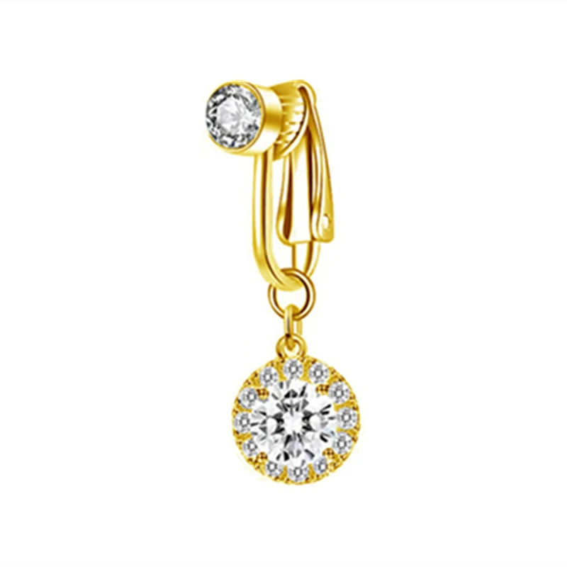 A gold-toned fashion belly button ring featuring a clear brilliant-cut diamond and a delicate chain.