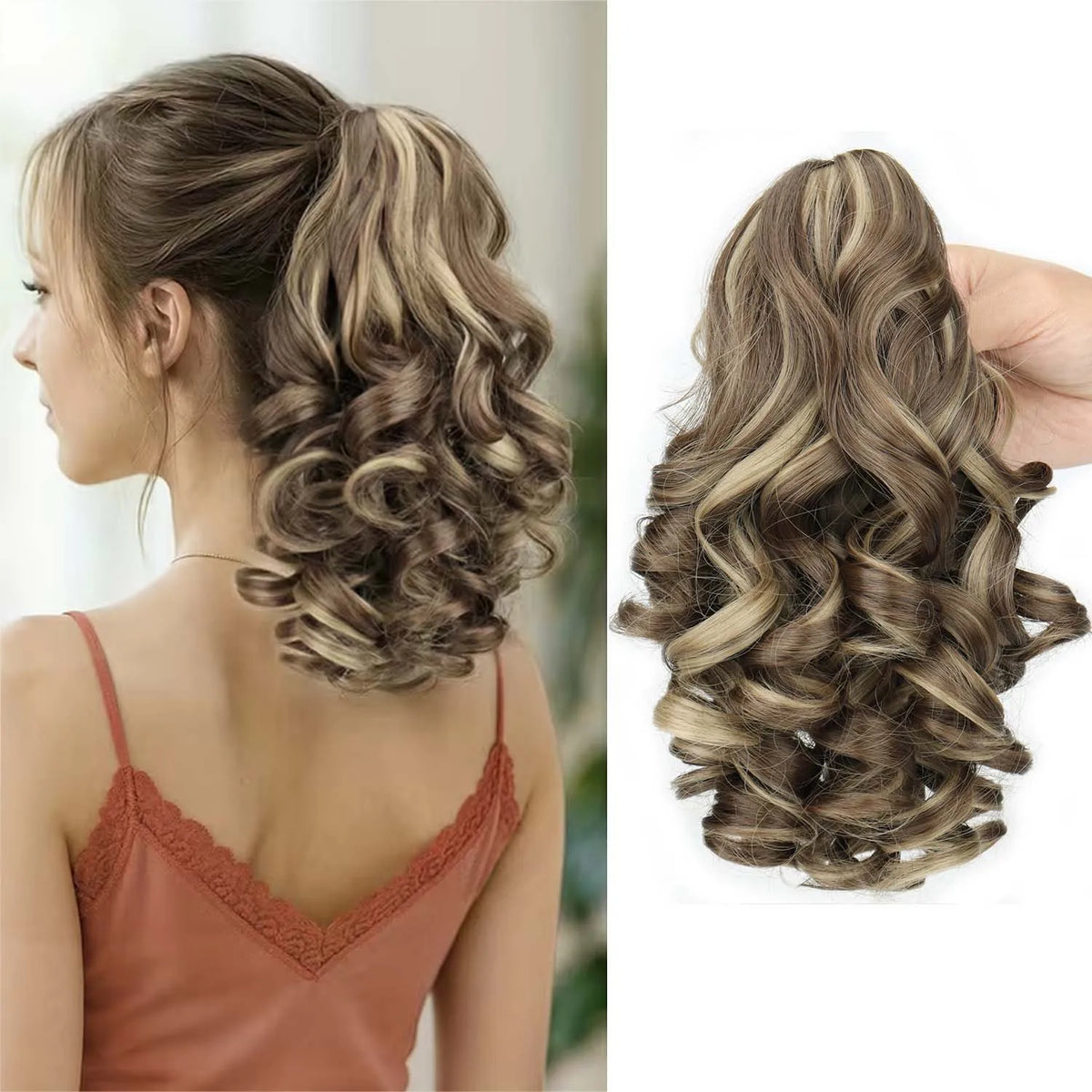 A woman shows off a long, wavy hair extension styled in an elegant updo with highlights.