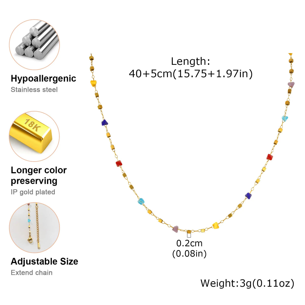 Gold stainless steel choker necklace with various colored stones and adjustable length