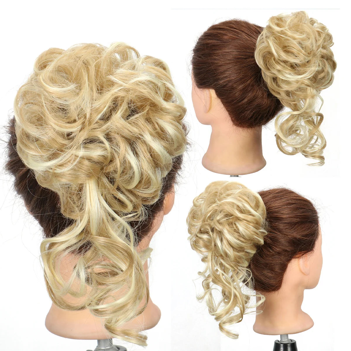A blonde synthetic messy hair bun hairstyle shown in various updos and styles.
