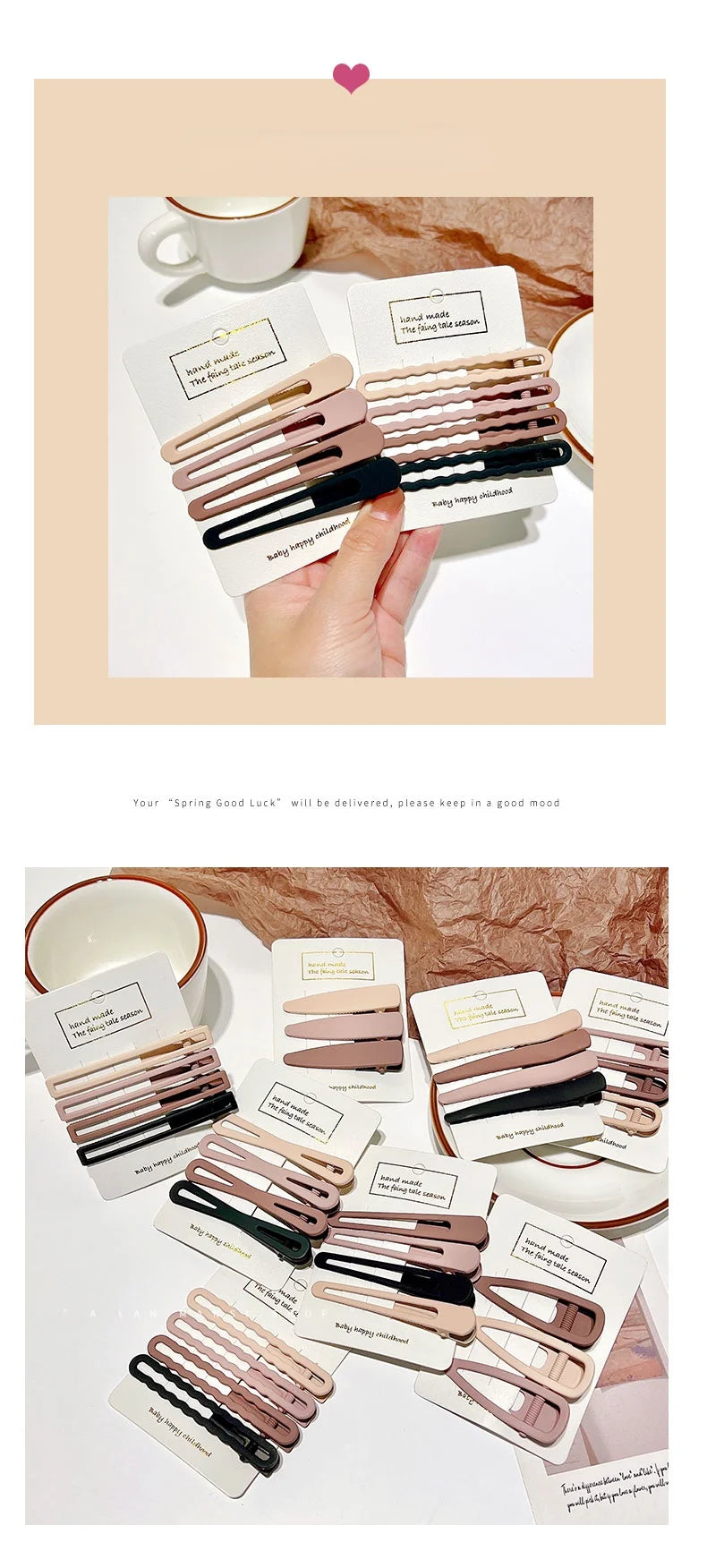A collection of vintage frosted geometry hair clips in various shades of pink and black are displayed on a white background.
