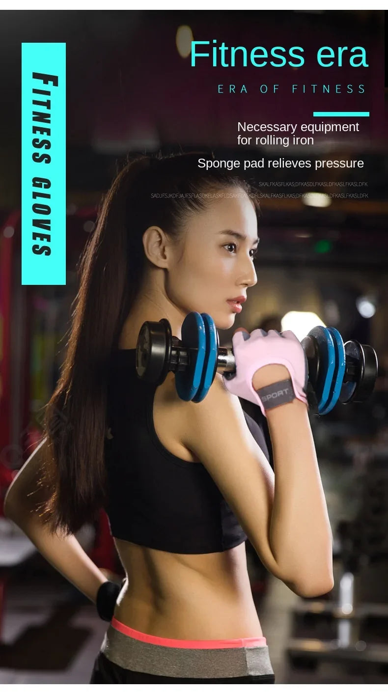 A woman wearing pink silicone gloves is performing a workout exercise in a gym setting.