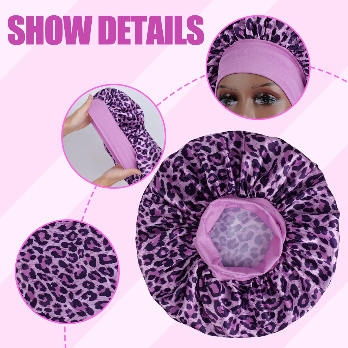 A purple leopard print satin sleep bonnet shown in various views.