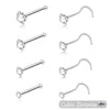 Stainless steel nostril studs featuring a crystal and gold finish in various hook and stud styles.