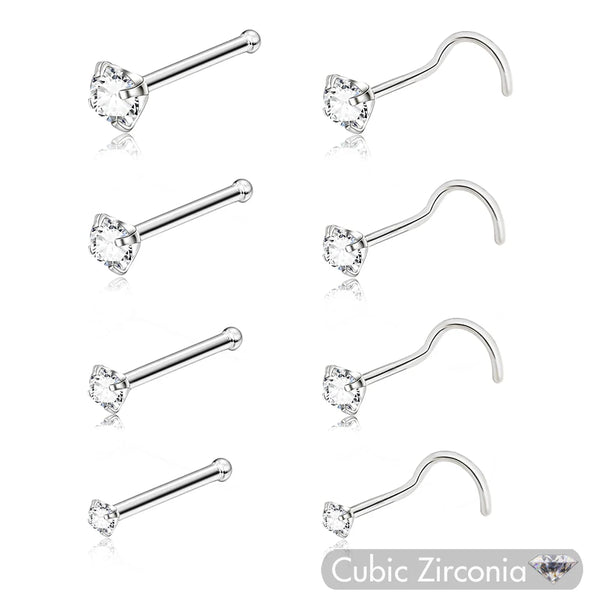 Stainless steel nostril studs featuring a crystal and gold finish in various hook and stud styles.