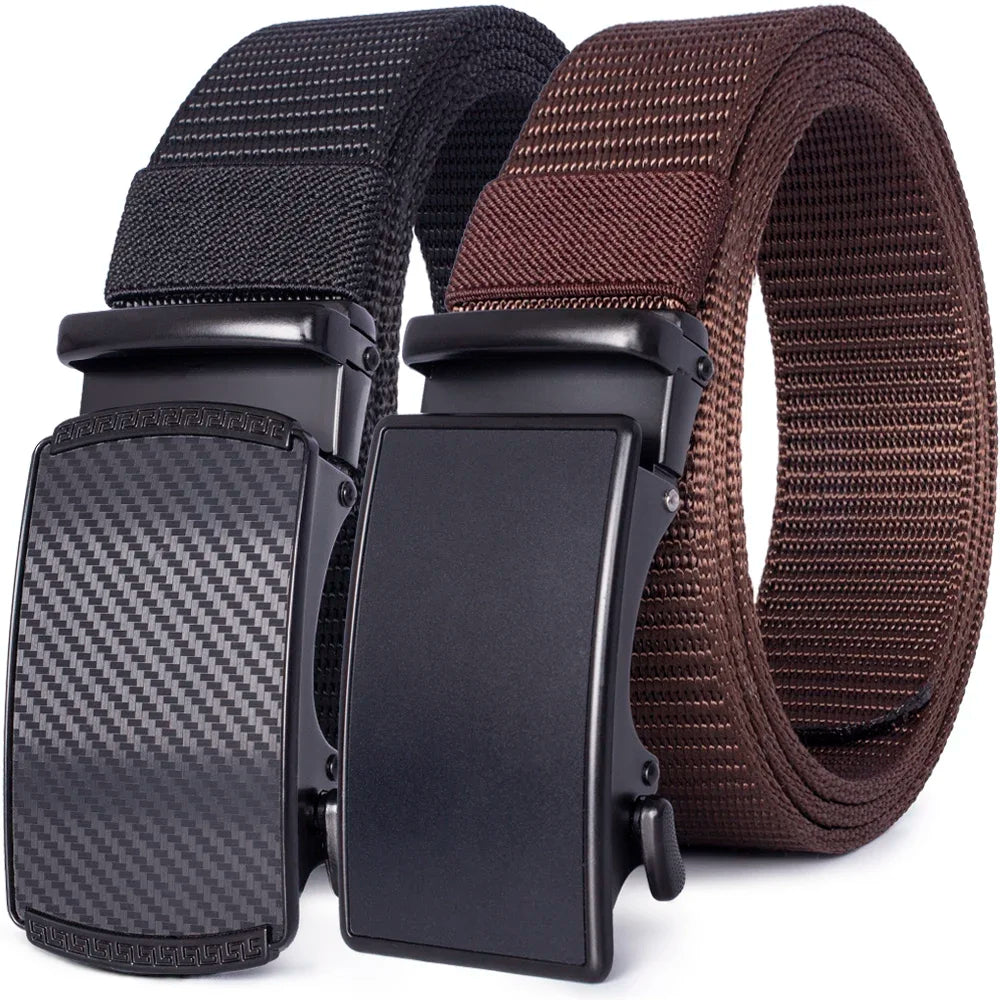 A black tactical canvas utility belt with a black buckle and brown woven strap is shown.