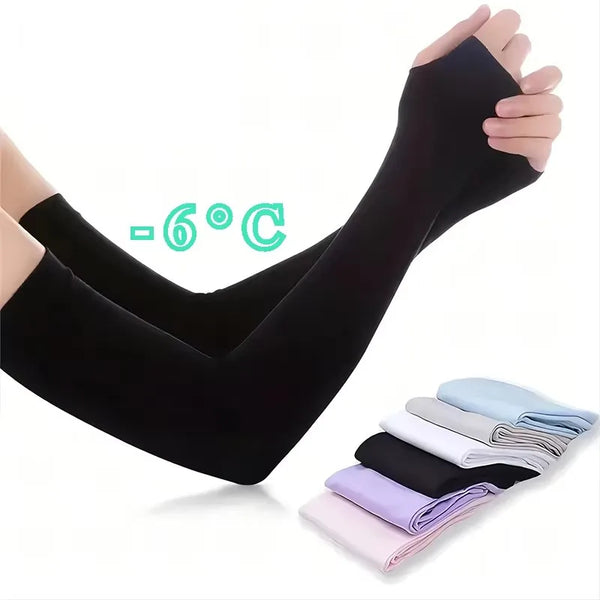 A black arm warmer is shown being worn on a leg, with a temperature indicator showing 6°C, and several folded arm warmers in 