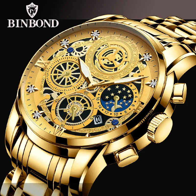 A close-up of a gold-toned watch with intricate mechanical details and a gold bracelet.