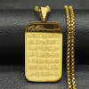 A gold-colored pendant necklace featuring the Arabic text of Ayatul Kursi on a black leather background.