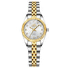 A luxury golden quartz wristwatch with a silver and gold tone, featuring a textured metal bracelet.