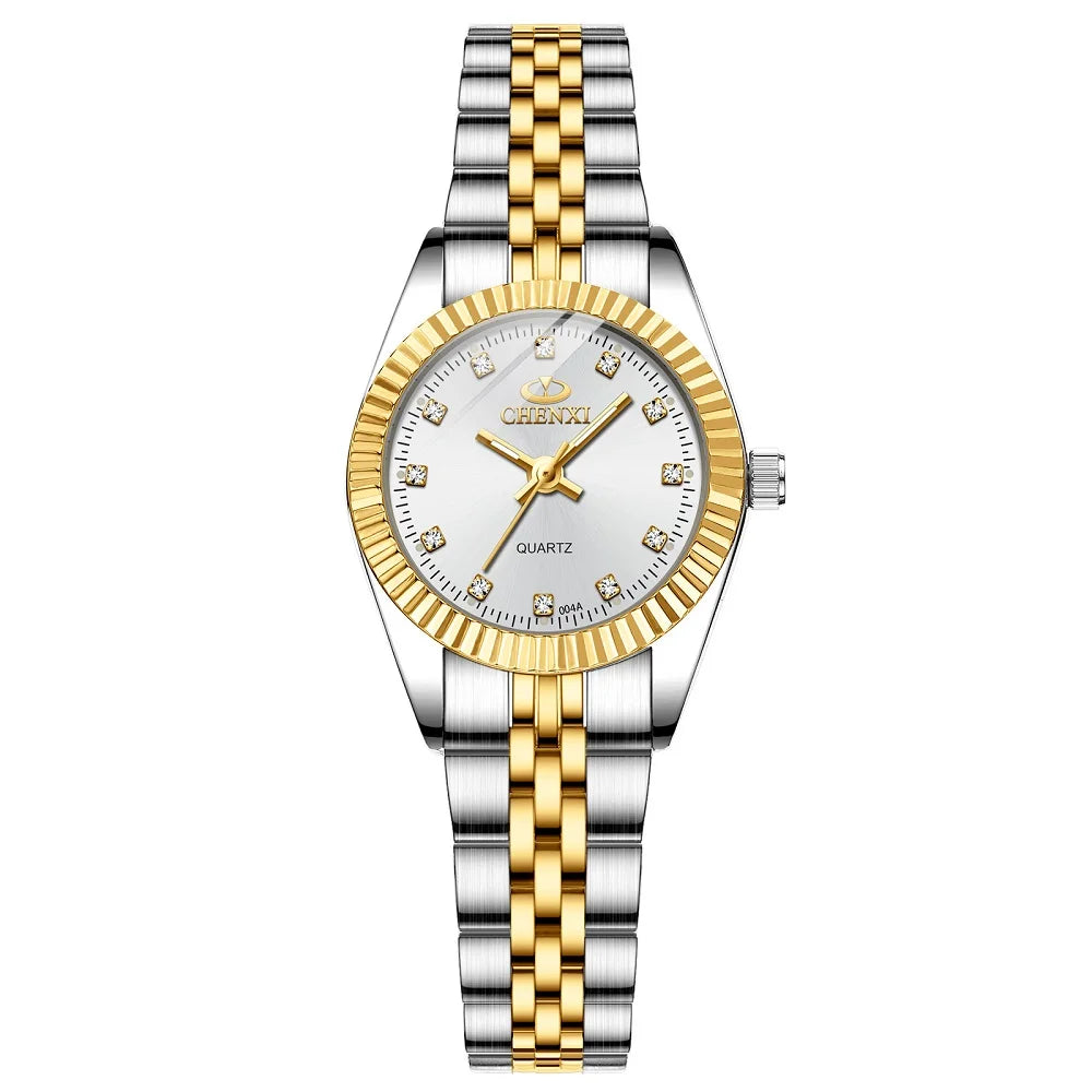 A luxury golden quartz wristwatch with a silver and gold tone, featuring a textured metal bracelet.