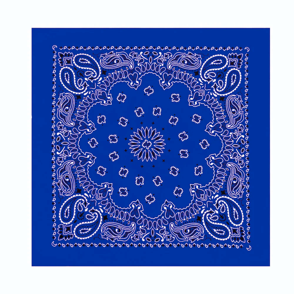 A blue bandana scarf with intricate white paisley and floral patterns.