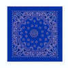 A blue bandana scarf with an intricate white paisley print on a dark blue background.