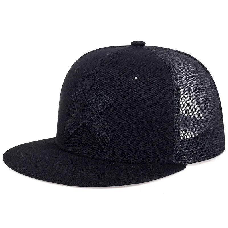 Black unisex luxury baseball cap with a textured mesh back and a dark silhouette logo.
