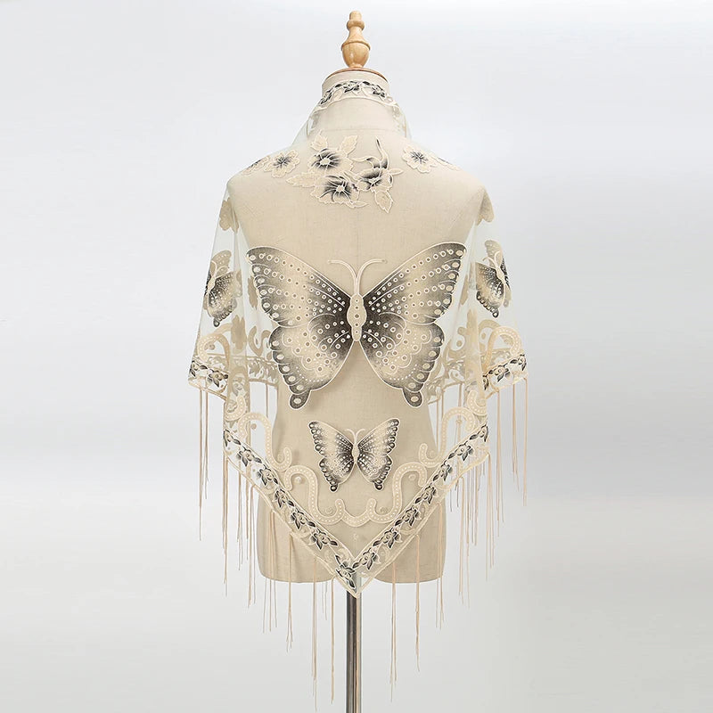 Elegant printed butterfly lace scarf shawl displayed on a mannequin.