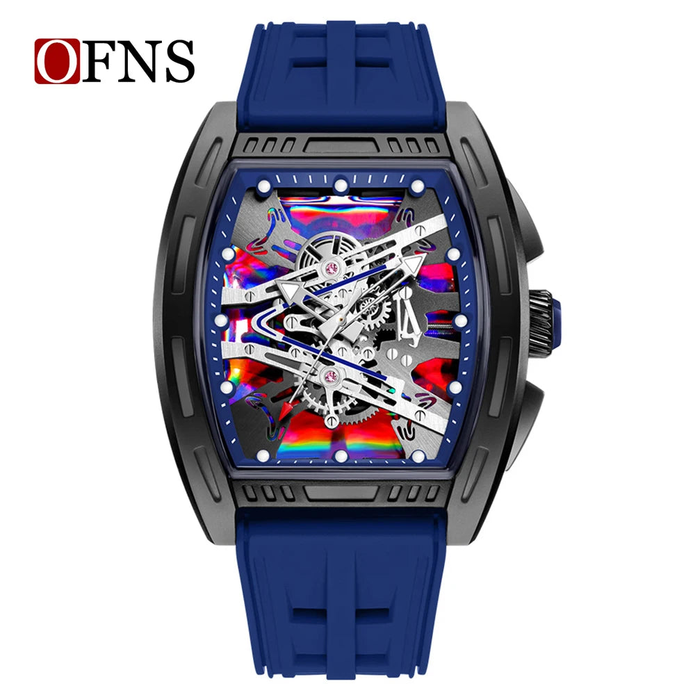 A dark blue luxury wine barrel quartz watch with a black bezel and intricate mechanical movement visible.