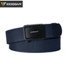 A dark blue tactical nylon belt with a black ratchet buckle and a black strap is shown.