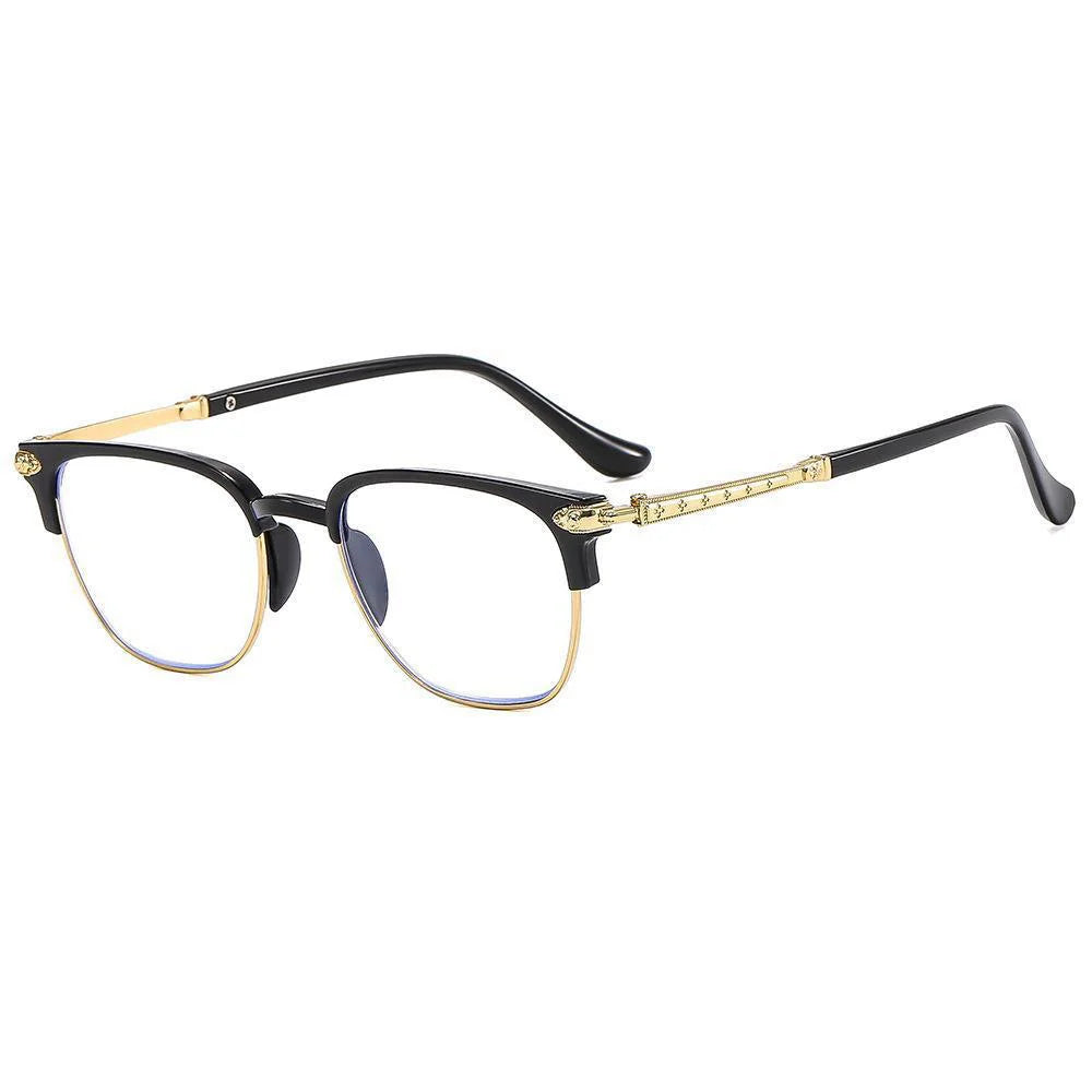 Black fashion metal half-frame reading glasses with gold accents