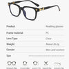 A pair of black square reading glasses with gold accents shown against a white background.