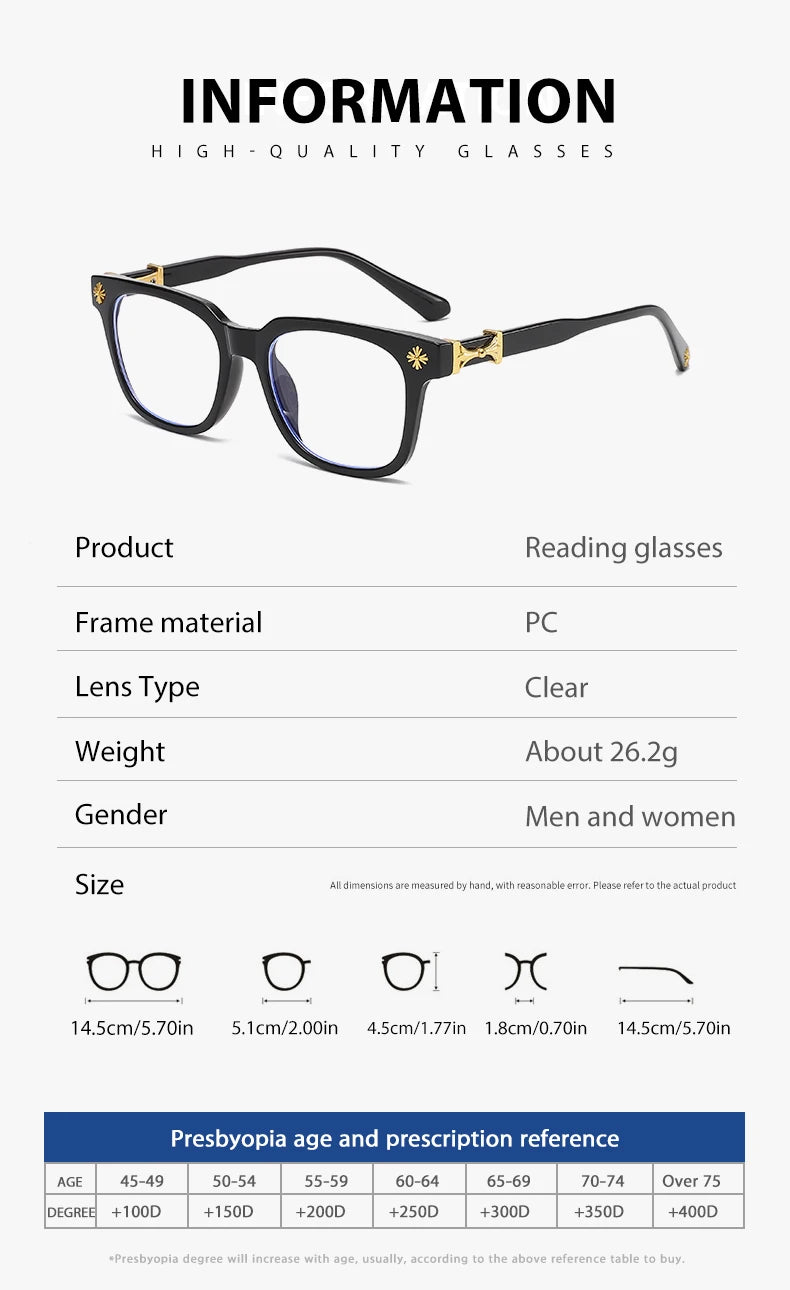 A pair of black square reading glasses with gold accents shown against a white background.