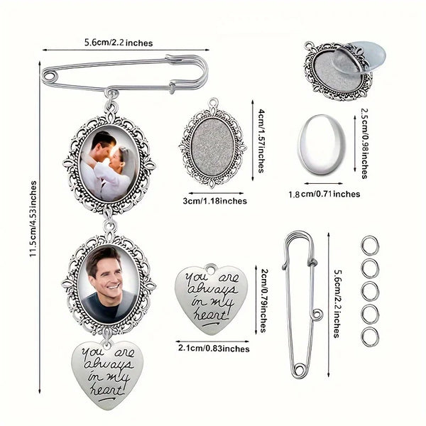 Silver oval glass brooch featuring a heart inscription and a moonstone design with a bail.
