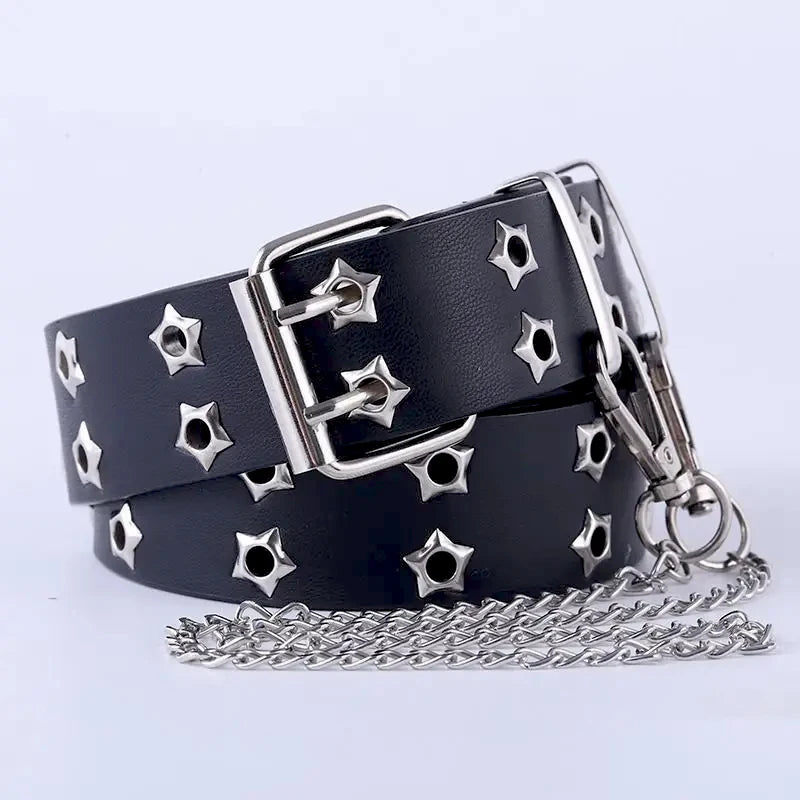 A black leather belt with silver hardware and star-shaped studs is shown on a white background.