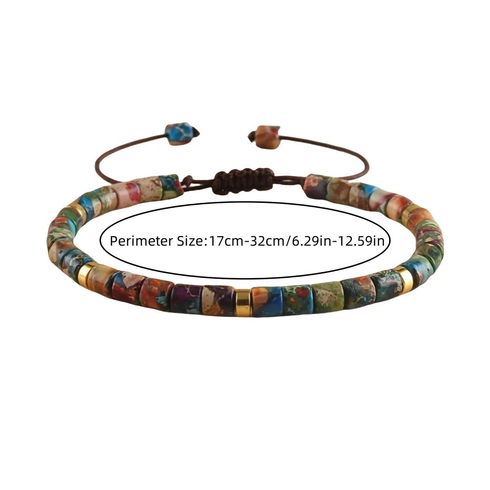 A bracelet made of colorful natural stone beads with wooden string and clasps.
