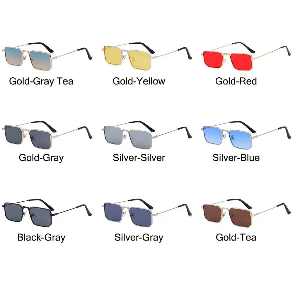 A collection of retro vintage metal frame sunglasses in various colors including Gold-Gray Tea, Gold-Yellow, Gold-Red, Gold-G